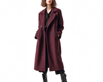 Women’s Burgundy Wool Coat | Long Winter Overcoat, Elegant Wool Jacket, Warm Minimalist Outerwear, Chic Winter Fashion for Women