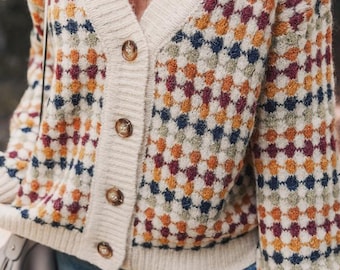 Cozy Knit Cardigan – Chunky Multicolor Button-Up Sweater | Fall Winter Boho Layering Piece