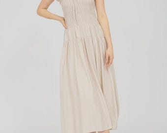 chinese dress ladies Early 00s Zara Woman Linen Button Down Maxi Beige Dress - Linen - Summer  dress