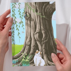Cottagecore Cat Under Tree Print • 2:3 Wall Art • Whimsical Nature Illustration • Digital Download Nursery Decor • Animal Art Poster