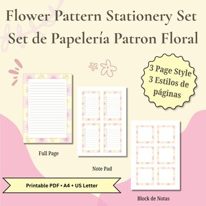 Puede incluir: Un juego de papelería con un patrón floral. El conjunto incluye una hoja rayada de página completa, un bloc de notas con casillas de verificación y un bloque de páginas de notas. El texto de la imagen dice "Flower Pattern Stationery Set" y "Printable PDF A4 + US Letter."
