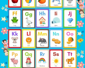 May include: A colorful ABC coloring book with illustrations for each letter. Each card features a letter, a word, and a corresponding image, such as an apple for "A" and a zebra for "Z". The book is designed for children and has a blue background.