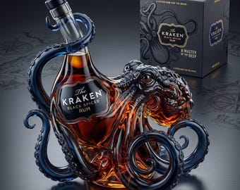 Garrafa de edição de colecionador do rum Kraken Black Spiced Rum com polvo esculpido em 3D