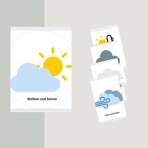 May include: A collection of weather-themed cards. One card shows a yellow sun peeking out from behind a blue cloud, with the text "Wolken und Sonne". Other cards depict various weather conditions, including clouds and wind.