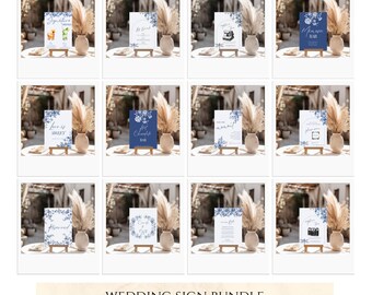 May include: A collection of wedding signs with blue floral designs and gold easels. The signs include phrases like "Signature Cocktails," "Love is Sweet," and "Mimosa Bar." The image also includes pampas grass in beige vases. The text at the bottom reads "WEDDING SIGN BUNDLE 30+ SIGNS AND IMAGES INCLUDED."