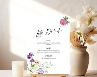 Wildflower Wedding Sign: Bar Menu, Let's Drink, Editable Template (Digital Download)