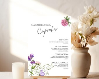Wildflower Wedding Sign: Cupcake Menu, Editable Template (Digital Download)