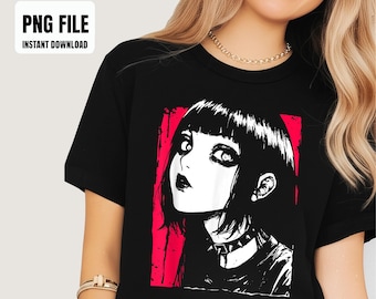 Op de afbeelding: Zwart T-shirt met een zwart-wit illustratie van een gothic anime meisje, tegen een rode achtergrond. Het meisje draagt een choker en donkere make-up. De tekst "PNG FILE INSTANT DOWNLOAD" staat linksboven in de afbeelding.