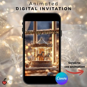 May include: A smartphone screen shows an animated digital invitation featuring a carousel design. The words "YOU ARE INVITED" are displayed. The image also includes the text "Scroll to see animation".