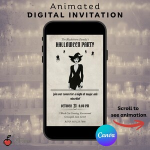 Puede incluir: Una invitación digital de Halloween que se muestra en un teléfono inteligente. La invitación presenta una ilustración de bruja y detalles del evento. El texto dice "Invitación DIGITAL animada" y "Desplácese para ver la animación."