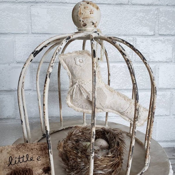 Bird decor Shabby vintage lace linen tiered tray decor grain sac cottage chic fabric bowl fillers cupboard tuck stuffed animal pillow