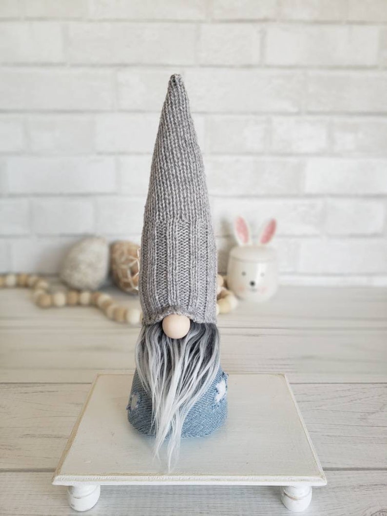 Grey sweater farm house fabric gnome Holiday home decor Shelf sitter teired tray Scandinavian tomte nisse Easter Blue jean Gnomes