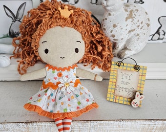 Ragdoll crown birthday girl soft doll primitive doll raggedy ann plush small handmade doll heirloom doll