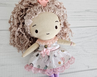 Ragdoll crown seamstress girl soft doll primitive doll raggedy ann plush small handmade doll heirloom doll