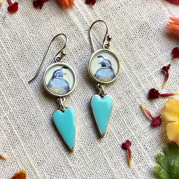 Bird Earrings with Aqua Heart Dangles,  Quail Art Earrings-Bird Watcher Jewelry-Nature Jewelry-Quail Art-Unique Quail Gift