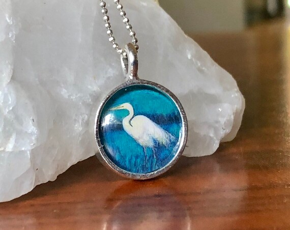 White Crane Silver Pendant/Bird Jewelry/Egret Pendant~handmade jewelry gift for bird lover-egret jewelry gift-egret art pendant