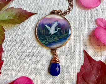 Handmade Crane Necklace, Egret Art, Copper Anniversary Wife Gift, Artisan Statement Necklace, Lapis Lazuli Gift, September Birthstone gift