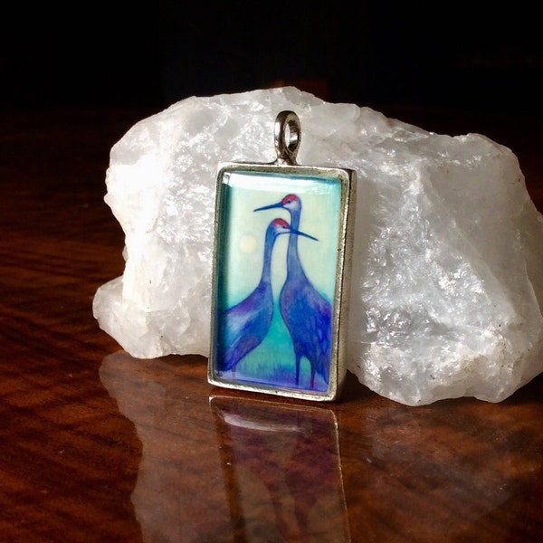 Silver Sandhill Crane Art Pendant, Ornithology Gift for her, nature jewelry, Winged Migration, pacific flyway