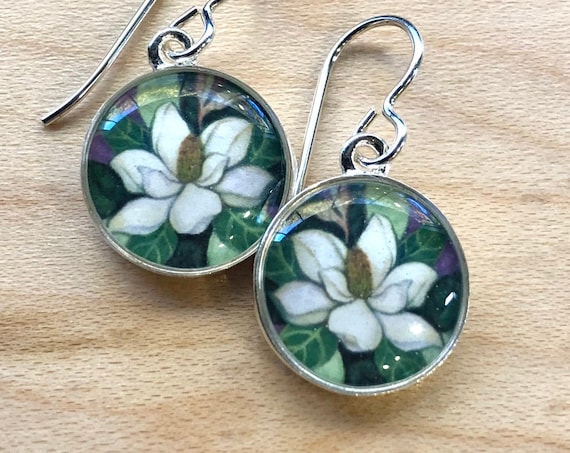 Silver Magnolia Flower Dangle Earrings-White Flower Jewelry-Earthy Boho Jewelry-wife jewelry gift-nature earrings-Silver Flower Earrings