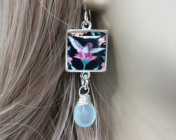 Silver Hummingbird Earrings|Chalcedony Quartz Dangles|Bird Jewelry|Illustrated Zinnia Flower Earrings|Garden Lover Idea|Orinthology|Boho Lux