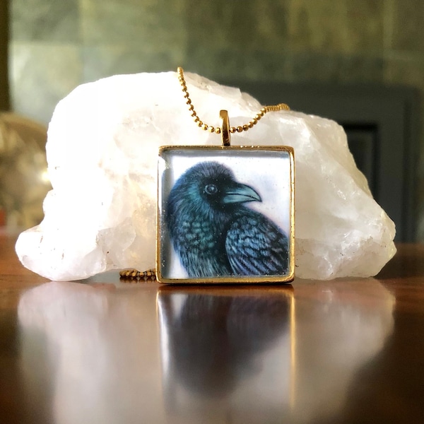 Raven necklace|Raven Pendant|handmade jewelry unique Raven gift for her|Raven jewelry|illustrated raven pendant|