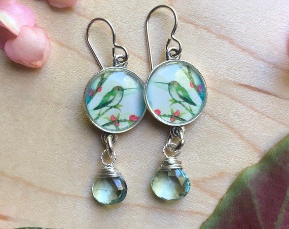 Silver Hummingbird Earrings with Aqua Hydro Quartz Gemstones-Bird Jewelry-Earthy Boho Luxe Nature Jewelry-hummingbird gift