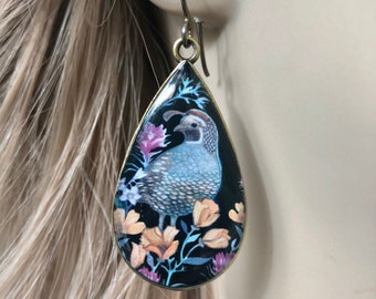 California Quail, California Poppy Earrings, Colorful Wildflower Bird Teardrop Dangles, Bird Jewelry, Bird Watcher Gift, Nature jewelry