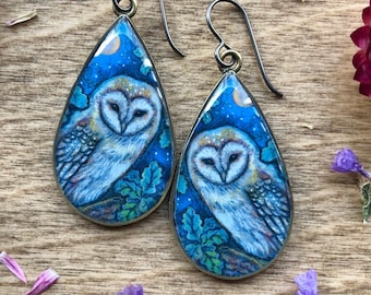 Owl Earrings, Owl Gift for her, Forestcore, Naturalist Art, Bird Watcher Gift, Nature Girl Gift, Ornithology, Handmade Bird Earrings