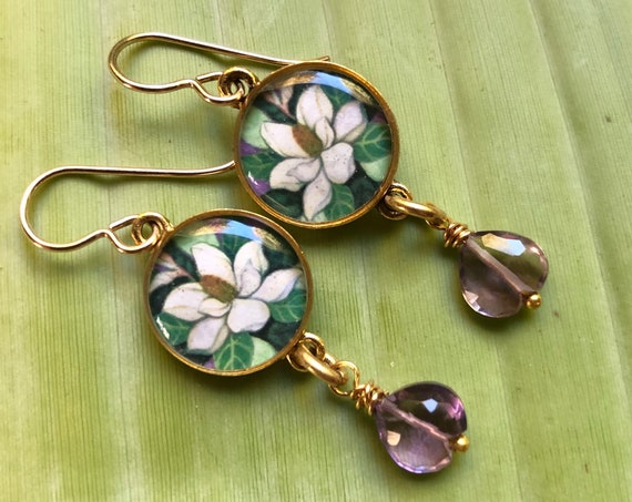 Gold Magnolia Flower Dangle Earrings-Magnolia with Amethyst Gemstones-Jewelry-Earthy Boho Nature Jewelry-wife jewelry gift-nature earrings