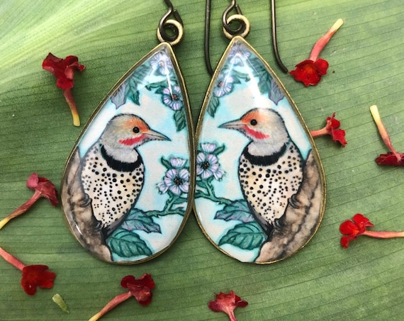 Flicker Earrings, Woodpecker Jewelry, colorful handmade earrings, Womens Bird Jewelry, Bird Watcher Gift, Nature Girlfriend, Ornithology