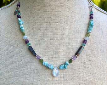 Handmade Larimar Chip Necklace, Moonstone, Apatite, Sterling Silver