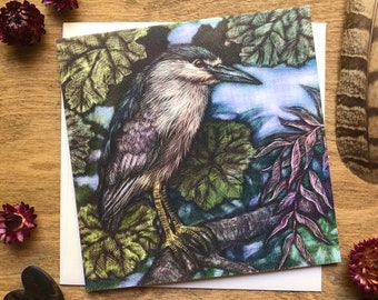 A Black-crowned Night Heron Greeting Card, Heron Stationary, Blank Bird Card, Heron Art,  Bird Painting, Forest Core Card,  Ornithology Card