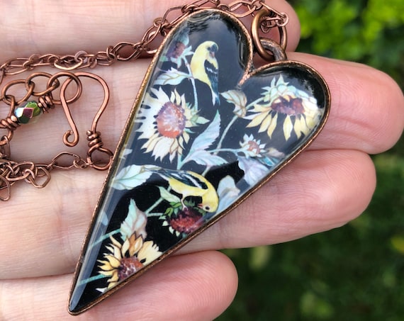 Anniversary Gift, Sunflower Heart Statement Necklace, Art Jewelry Bird Pendant, Goldfinch For Her
