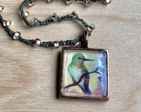 Handmade Hummingbird Crochet Necklace, copper nature jewelry, unique art necklace, woodland bird necklace, dainty glass bead necklace