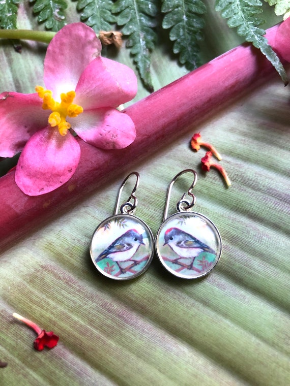 Ruby-crowned Kinglet earrings, handmade earrings, unique earrings, dainty silver birds, bird watcher gift, nature jewelry for her, dangles