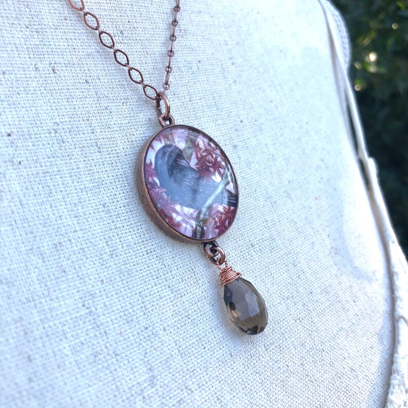 Copper Crow Pendant With Smoky Quartz Gemstone Danglecrow Etsy
