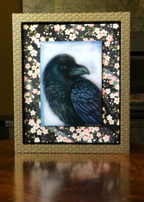 Raven and Cherry Blossoms Canvas Print with Hand Poured Resin/Chiyogami Paper Framed/Raven Art/Raven Gift/Bird Decor/Bird Gift