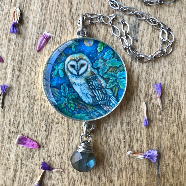 Silver Owl pendant, oak tree art, barn owl painting, labradorite necklace, handmade owl jewelry, unique nature gift for her, forestcore