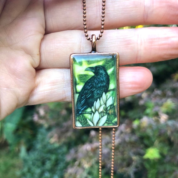 Raven Pendant~Copper Bird Pendant-Nature Jewelry-Magnolia and Raven necklace-Earthy Jewelry
