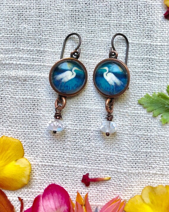 Copper Egret Earrings with Moonstone Dangles|Nature Jewelry|Crane Jewelry|Crane Earrings|Illustrated Egret Earrings|Egret Gift for Wife