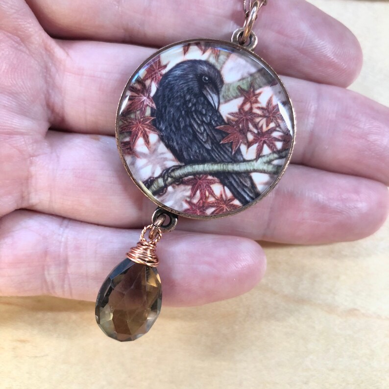 Copper Crow Pendant With Smoky Quartz Gemstone Danglecrow Etsy
