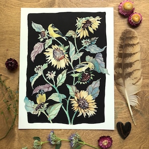 Sunflower and Goldfich Watercolor, archival print