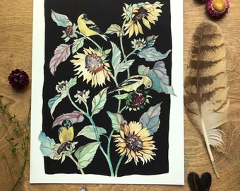 Sunflower and Goldfich Watercolor, archival print