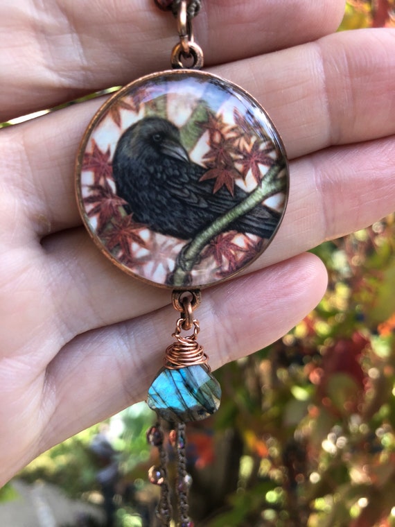 Crow Pendant, Crochet Necklace, Crow and Japanese Maple art, Nature Jewelry, Copper Necklace with labradorite, art necklace for wife