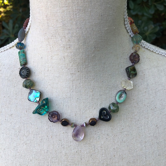 Colorful Czech Glass Beaded Choker With Amethyst Gemstone|Boho Jewelry|wife jewelry gift idea|unique handmade necklace for her