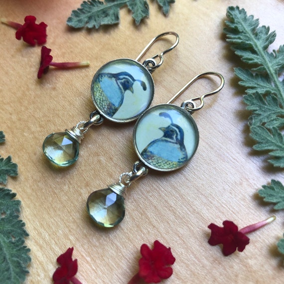 Silver Quail Jewelry-nature jewelry for women-Silver Quail Earrings-Aqua Hydro Quartz Jewelry-earthy earrings-Quail Art-Unique Quail Gift