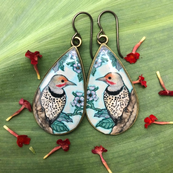 Flicker Earrings, Flicker Jewelry, colorful handmade earrings, Woodland Woodpecker Earrings, Bird Jewelry, Bird Watcher Gift, Nature jewelry