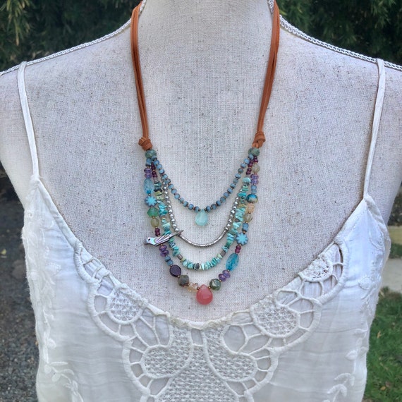 Boho Multi Strand Necklace, Colorful Czech Glass Necklace, Unique Necklace for Wife, handmade bohemian necklace, handcrafted beaded necklace