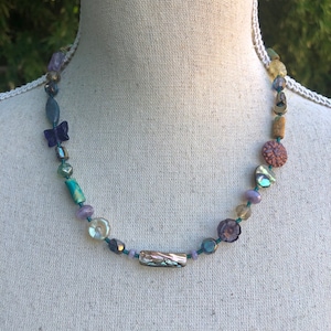 Multi Color Bead Necklace, Handmade Czech Glass Jewelry, Abalone and Gemstone Necklace for her, Unique Boho Jewelry, Fun Necklace