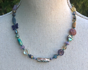 Multi Color Bead Necklace, Handmade Czech Glass Jewelry, Abalone and Gemstone Necklace for her, Unique Boho Jewelry, Fun Necklace